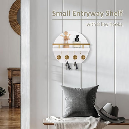 Nekon Key Holder for Wall - 9.8 Inch Apartment Wall Decor with Shelf and 8 Key Hooks, Circular Wood Key Hanger for Home Decor (White with Golden Hooks)