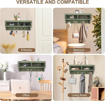 Key Holder Wall Mount - Mail Organizer Wall Mount with 6 Key Hooks and Storage Box for Sunglasses Storage and Dog Leash Holder Home Decor Rack Apartment Farmhouse Shelf Entryway Organizer (Green)