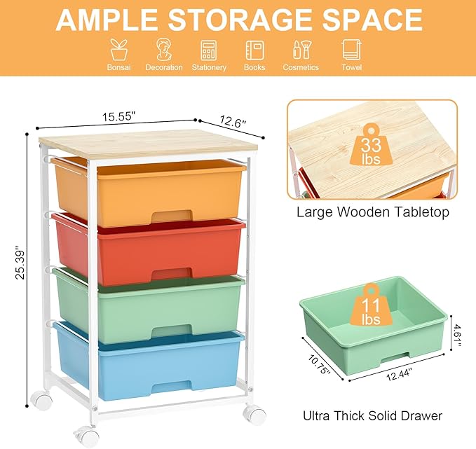 Utility-Rolling-Storage-Drawer-Craft-Cart-Organizer with 4 Drawers and Wooden Tabletop & Lockable Wheels for Home Office, Bedroom, Kids Room, Classroom, 4 Tiers Under Desk Drawer Cart, Macaron
