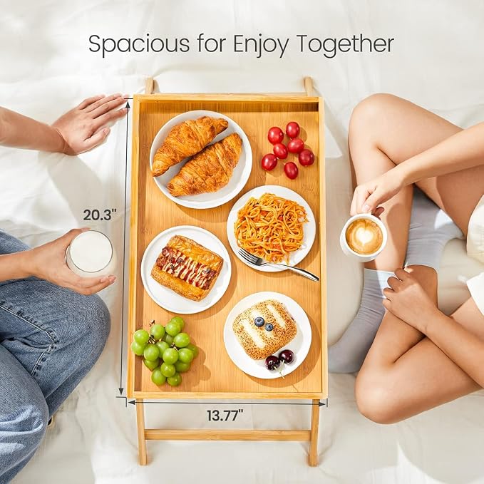 Bamboo Bed Tray Table, Large Breakfast Tray with Folding Legs, Multipurpose Serving Tray Use As Portable Laptop Snack Table, for Working, Eating, Reading by Pipishell