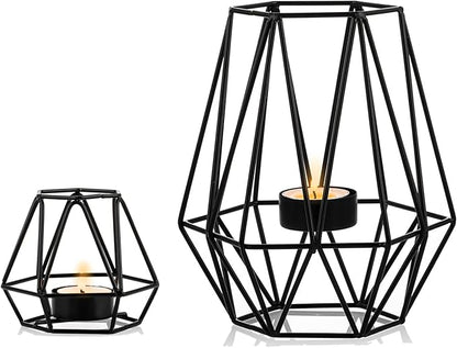 Nuptio 2 Pcs Tealight Holders - Tea Light Candle Holders Geometric Candle Holder for Dining Table Decorations Centrepiece, Black Fireplace Ornaments for Living Room, Wedding Housewarming Gifts