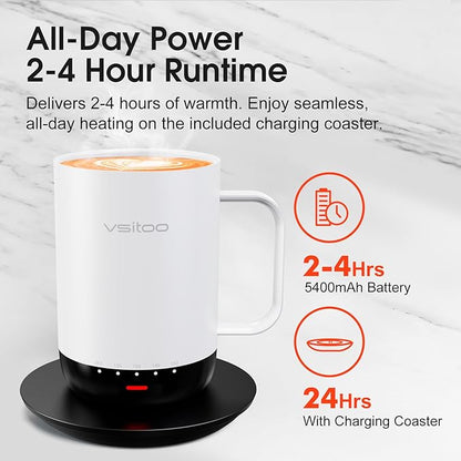 Vsitoo S3 Pro 14oz Smart Self Heating Coffee Mug,Heated Coffee Mug with Auto-Sensing AI Heats Drinks to 120-150°F Hands-Free.Perfect for Home/Office,Ideal Gift fo Men/Women，White