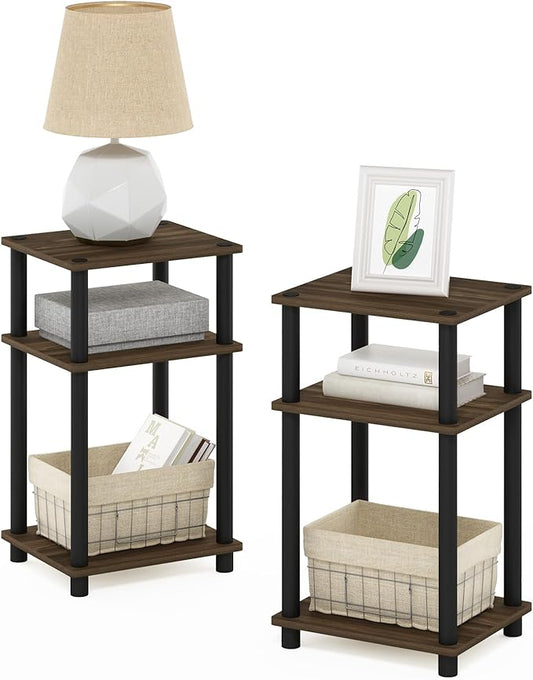 Furinno JUST Night Stand Set of 2, 3-Tier Turn-N-Tube Nightstand, Toolless Bedside Tables, End Table, Side Table with Open Storage for Bedroom, Closet, Dorm, Bathroom, Columbia Walnut