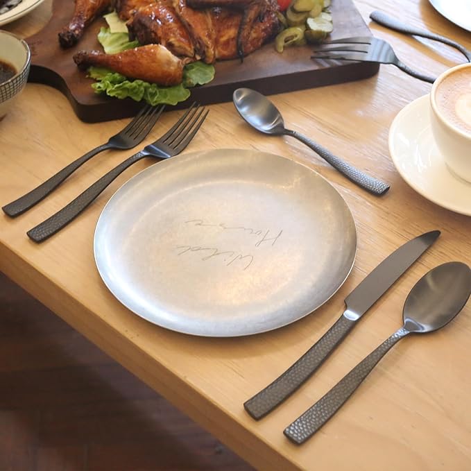 Kelenfer Silverware 45-Piece Matte Black Hammered Flatware Set with Serving Utensils, Stainless Steel Thick Handle Matte Polished Cutlery Set for Wedding Hotel Restaurant, Service for 8