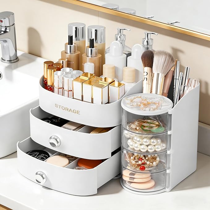XIAPIA Makeup Organizer Countertop, Make Up Organizer for Vanity, Skincare & Cosmetic Organizers with Drawers, Bathroom Organizers Storage for Brush Holder|Lipstick|Jewelry, Ideal Gift for Women WHITE