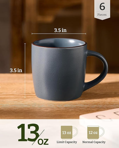 famiware Mercury Coffee Mugs 13 oz, Coffee Mugs Set of 6 with Handle, Cups for Latte, Hot Tea, Cappuccino, Mocha, Cocoa, Charcoal