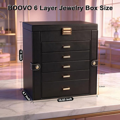 BOOVO Jewelry Box For women, 6 Layer Large Jewelry Organizer With Mirror, Multi-Function Storage Box, Necklace Holder With 5 Drawers, For Earrings Necklace Bracelet (Gold and Black)