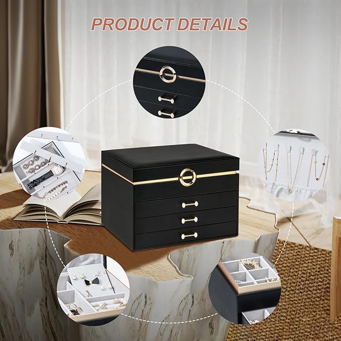 Jewelry Boxes for Women, Large Jewelry Storage Boxes, 4-Layer Leather Jewelry Organizer with 3 Drawers, Jewelry Display Case Gift for Women Girls, Black
