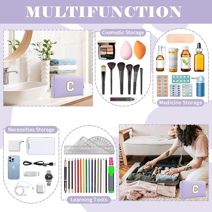 Personalized Makeup Bag Initial A-Z Preppy Patch Bag,Small PU Leather Travel Cosmetic Bag Pouch with Zipper,Purple Cute Toiletry Bag,Gift Ideal for Teen Girls Women Birthday Friend Mom,Latter C