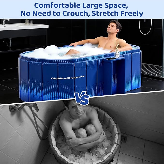 Portable Foldable Bathtub, Freestanding Bathtub No Installation, Bathroom SPA Soaking Bath Tub, Shower Stall Collapsible Hot & Ice Bath Tub (Blue with Storage Rack, ‎47.2"L x 21.6"W x 19.6"H)