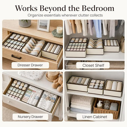 Drawer Organizer for Clothes Set, 4 Pack Foldable Dresser Closet Dividers (6/8/7/24-Cell), Non-Woven Underwear & Sock Drawer Organizer, Bra/Tie/Belt Storage Bins (Beige)