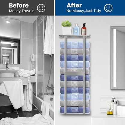 Bathroom Towel Storage Rack, Wall Mounted Bathroom Towel Rack, 30 inch Heavy Duty 6 Large Towels, Wall Mounted Towel Rack for Rolled Towels, Silver