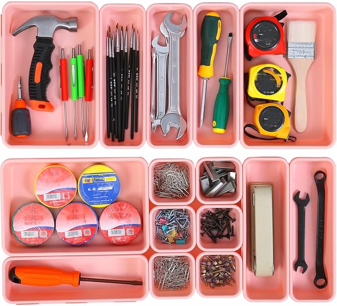 Kutesna 15 PCS Interlocking Desk Drawer Organizer Separator for Office,Bathroom,Kitchen,Makeup（Pink）