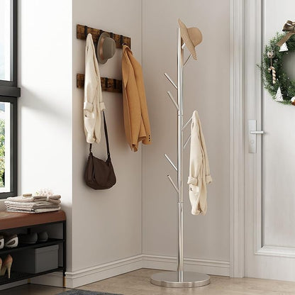 Silver Coat Tree Freestanding, Metal Standing Coat Rack, Stainless Steel Coat Rack Freestanding Modern Coat Stand for Entryway, Hallway, Bedroom (Silver)