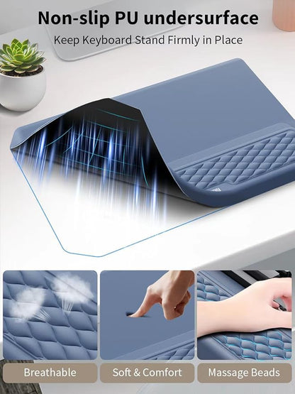 3-in-1 Ergonomic Keyboard Stand with Wrist Rest & Mouse Pad Set, Comfy Keyboard Riser Holder Soft Mousepad with Massage Design, Memory Foam and Non-Slip PU Base for Pain Relief, Blue