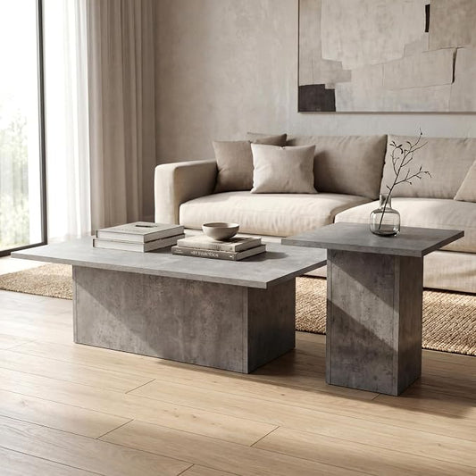 HNY Coffee Table and End Table Set of 2 Modern Square Nesting Coffee Table Grey Wooden Side Table Concrete Texture Finish for Living Room, Reception Room, Home Office,Industrial Minimalist
