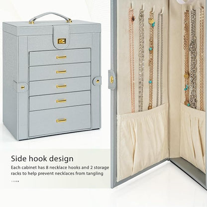 AKOZLIN Large Jewelry Box Organizer Functional Lockable with Big Mirror, Leather Jewelry Storage Case for Women Girls Ring Necklace Earring Bracelet Holder Organizer Grey