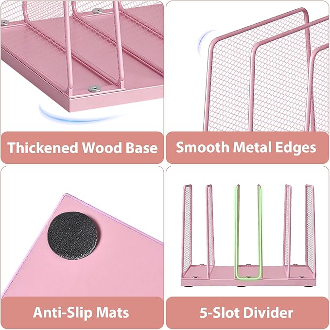 LEKETREE Small Desk File Organizer, 5-Section Upright File Sorter, Vertical File Folder Holder, Mesh Metal Wood Office Desktop Organization for Document, Magazine, Books and more (Pink)