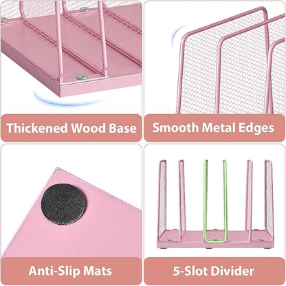 LEKETREE Small Desk File Organizer, 5-Section Upright File Sorter, Vertical File Folder Holder, Mesh Metal Wood Office Desktop Organization for Document, Magazine, Books and more (Pink)