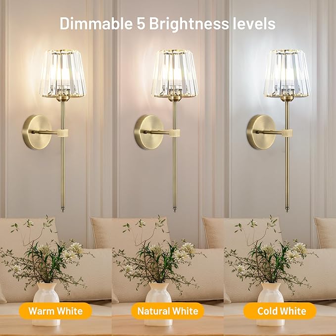 Crystal Battery Operated Wall Sconces Set of 2, Brass Rechargeable Wireless Wall Lights with Crystal Lampshade, 12 RGB and 3CCT Dimmable Wall Lamp with Remote for Bedroom Living Room Hallway