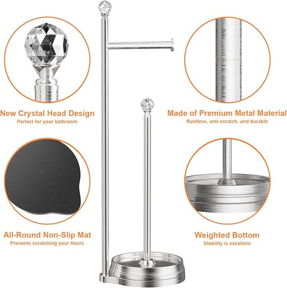 KASUNTO Toilet Paper Holder for Bathroom, Heavy Weighted Metal Free Standing Toilet Paper Holder Stand with Crystal Ball, Toilet Paper Roll Stand for Bathroom Accessories