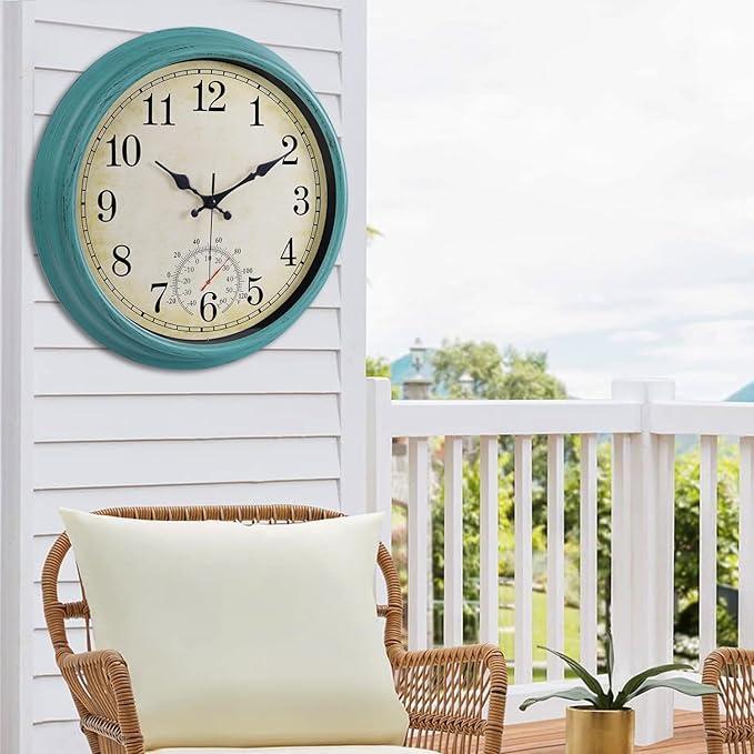 16 Inch Large Outdoor Clock, Waterproof Wall Clock with Thermometer, Battery Operated Silent Non-Ticking Vintage Wall Clock Quartz Round Clock Home Decor,Green