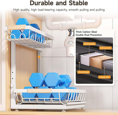 Sevenblue 2 Packs Under Sink Organizer, Height Adjustable 2 Tier Under Kitchen Sink Organizer, Multi-Purpose Storage Shelf for Kitchen Bathroom Cabinet (White, Extra Large)