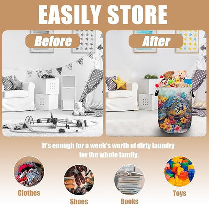 Sea Turtle Laundry Basket, Foldable Colorful Floral Laundry Hamper Tote Bag Dirty Clothes Storage Bucket Toy Organizer for Bathroom/Laundry/Bedroom 15.7"x19.6"