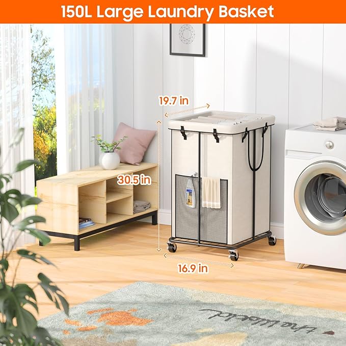150L Laundry Hamper with Wheels, Rolling Laundry Basket with Metal Frame and Removable Bag, Large & Tall Dirty Clothes Hampers for Bedroom Aesthetic, Laundry Room, Bathroom, Dorm-White