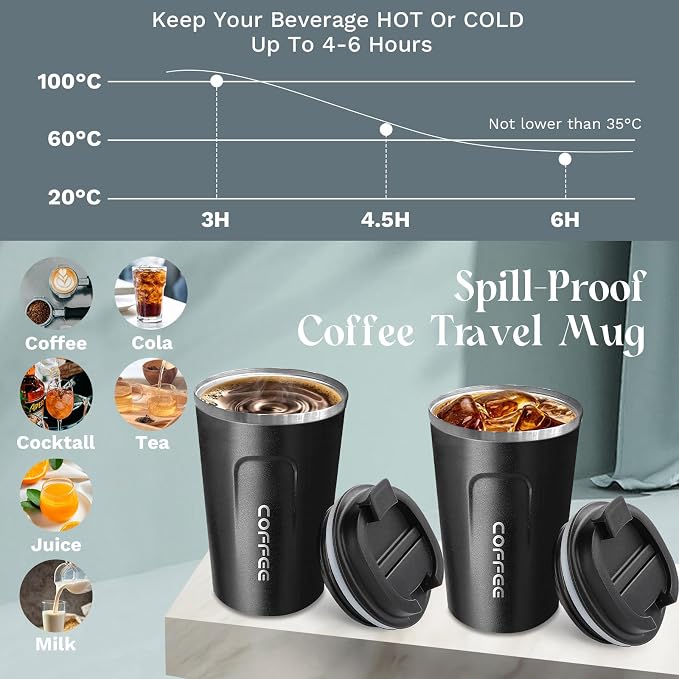 YINBAOGE Insulated Travel Coffee Mug, Spill & Leak Proof, Portable To Go Camping Stainless Steel Coffee Tumbler, Reusable Thermal Coffee Cup with Lid for Hot & Cold Drinks (2nd-Black, 17 OZ)