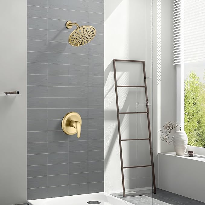 gotonovo Shower Faucet Set Bathroom Shower Head and Handle Set Complete 6 Settings 6 inch Rainfall Shower Head Kit High Pressure Shower System Combo Shower Trim Kit with Valve Brushed Gold