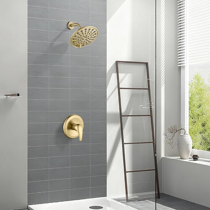 gotonovo Shower Faucet Set Bathroom Shower Head and Handle Set Complete 6 Settings 6 inch Rainfall Shower Head Kit High Pressure Shower System Combo Shower Trim Kit with Valve Brushed Gold