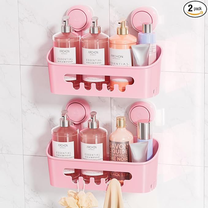LEVERLOC Shower Caddy Suction Cup 2 Pack, Shower Organizer Removable Bathroom Shelf, Storage for Inside Shower Powerful Suction Max Hold 22lbs Waterproof Holder, Pink