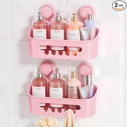 LEVERLOC Shower Caddy Suction Cup 2 Pack, Shower Organizer Removable Bathroom Shelf, Storage for Inside Shower Powerful Suction Max Hold 22lbs Waterproof Holder, Pink