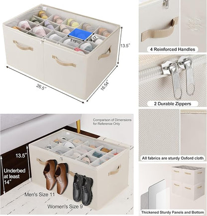 TOPIA HOME Shoe Organizer for Closet 2 Pack, Foldable Shoe Box with Adjustable Divider and Clear Cover, Space Saving Shoe Storage Organizer Cabinet with Reinforced Handles, Fits 40 Pair, Beige, TP11Y