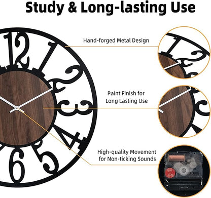 30'' Large Silent Wall Clock with Night Light, Glow in The Dark Decorative Wall Clock Battery Operated, Rustic Modern Metal & Wood Clocks for Bedroom Living Room Decor, Arabic Numerals
