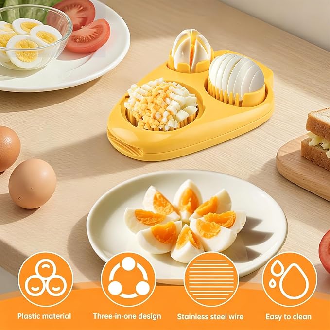 Egg Slicer for Hard Boiled Eggs 3 In 1, 3 Slicing Modes Eggs Dicer, Stainless Steel Egg Cutter, Kitchen Chopper Tool for Egg, Butter, Strawberry, Tomato, Mushroom, and Grape, Dishwasher Safe (yellow)