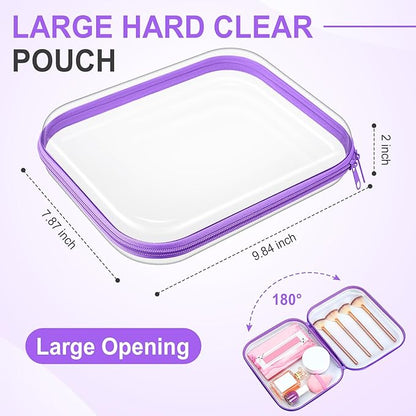Sanwuta 6 Pcs Clear Hard Zipper Case Pencil Pouches Hard Plastic Zipper Pouches Makeup Bag Transparent Cases for Snacks Plastic Storage Organizer Box for Travel(Purple,9.84 x 7.87 x 2 Inch)