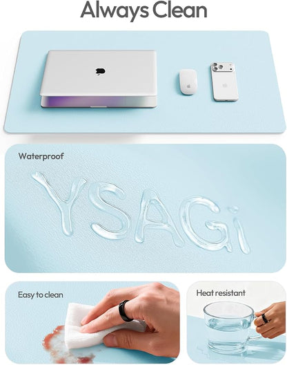 YSAGi Leather Desk Pad Protector, Office Desk Mat, Large Mouse Pad, Non-Slip PU Leather Desk Blotter, Laptop Desk Pad, Waterproof Desk Writing Pad for Office and Home (Baby Blue,55" x 24")