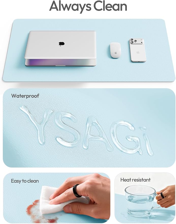 YSAGi Leather Desk Protector, Office Mat, Large Mouse Mat, Non-Slip PU Leather Blotter, Laptop Pad, Waterproof Writing Pad for Office and Home (Baby Blue, 35.4" x 17")