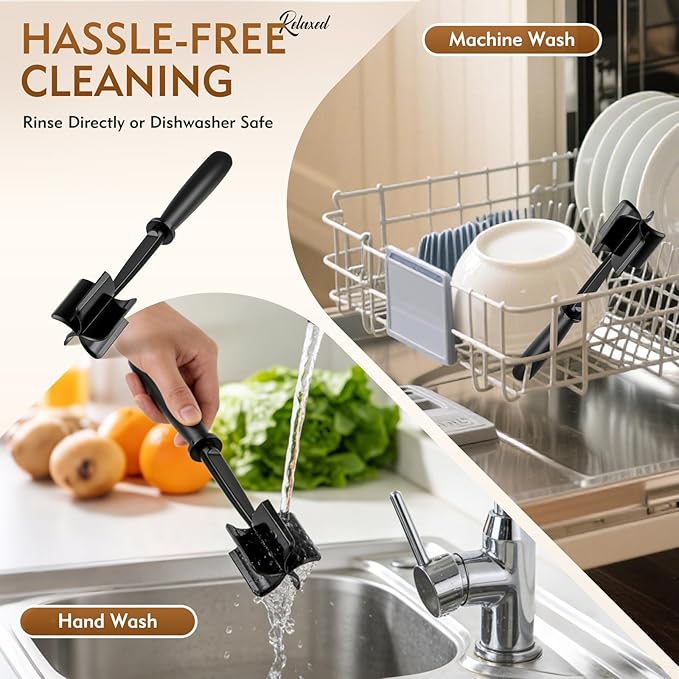 Meat Masher, Ground Beef Chopper Tool with 5 Curve Blades & Ergonomic Non-Slip Handle, Nylon Hamburger Smasher Tool Heat Resistant Non Stick(Black)
