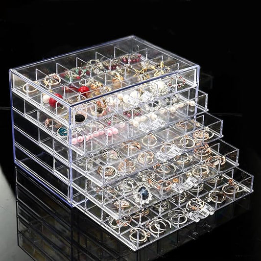 YUFONG Earring Storage Box Organizer, Acrylic Jewelry Storage Box Holder 5 Drawers Transparent Jewelry Display Stand with 120 Small Compartments Gift Boxes for Women Girls (Clear)