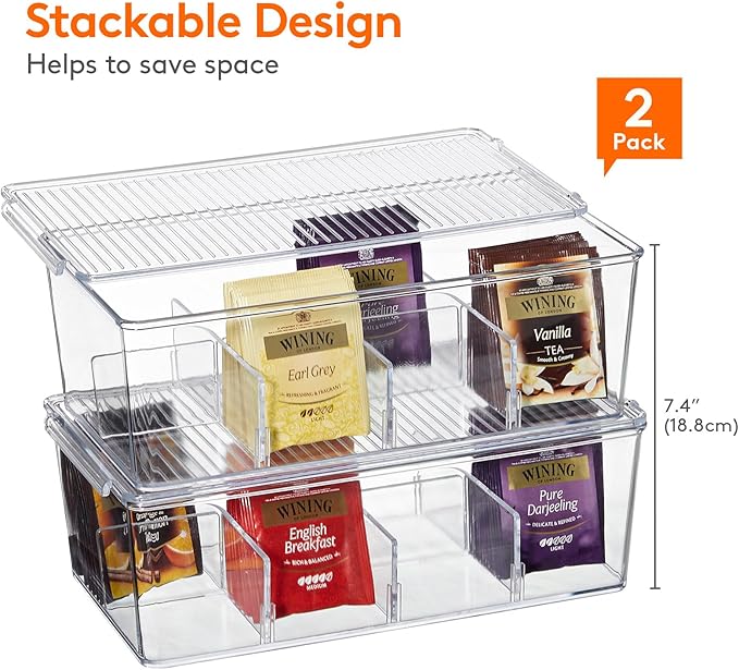 Lifewit Tea Bag Organizer with lids, Plastic Teabag Box with 16 Compartments, Stackable Divided Storage Containers for Cabinet, Pantry, Countertop, Sugar Packets, Clear, 29 cm/11.5 inch L, 2 Pack