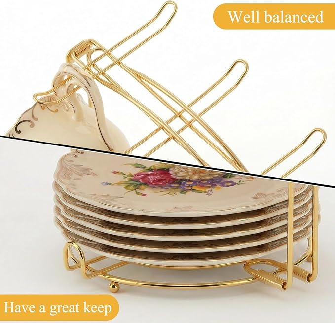 YOLIFE Tea Cup Holder for Countertop, Gold Metal Cup and Saucer Display Stand, Foldable Tea Station Organizer, Espresso Coffee Cups Rack for Home or Bar Decor