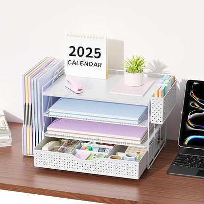 gianotter Wood Desk Organizers and Accessories with File Holder, 4-Tier Desk Accessories & Workspace Organizers with Drawer and Pen Holder, Paper Organizer for Office Supplies (White)