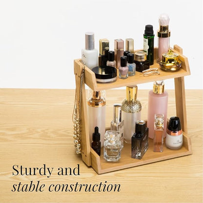 GOBAM Bamboo Makeup & Countertop Organizer, Small - 2 Layer Cosmetics, Lipsticks, Jewelry, Brushes, Hair Accessories & Perfume Organizer for Dresser, Easy Assembly - Natural