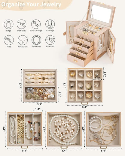 AKOZLIN 5-Tier Jewelry Box Leather Jewelry Storage Organizer with 4 Drawers Lockable for Women Girls Ring Necklace Earring Bracelet Watches Holder with Mirror Champagne