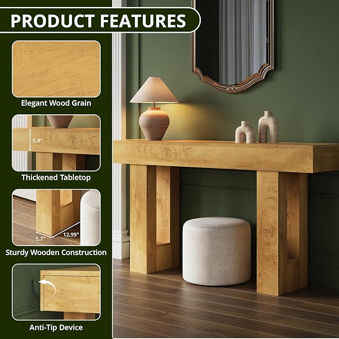 FURSUN 63 Inch Long Console Table with Storage, Narrow Wooden Sofa Table Behind Couch, Farmhouse Entryway Hallway Table for Living Room, Natural Oak
