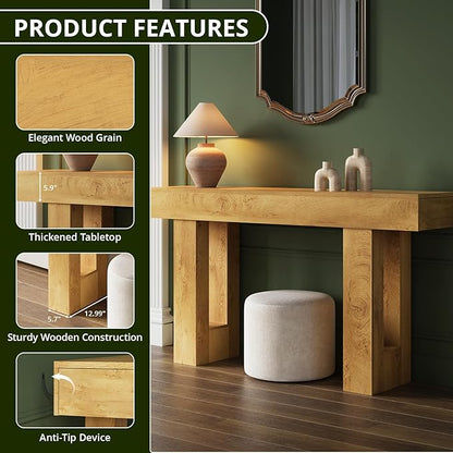 FURSUN 63 Inch Long Console Table with Storage, Narrow Wooden Sofa Table Behind Couch, Farmhouse Entryway Hallway Table for Living Room, Natural Oak