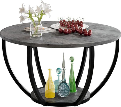 HOMERECOMMEND Round Coffee Table with Storage,2-Tier Wood Coffee Table for Living Room, Sofa Tables for Home Office,Grey